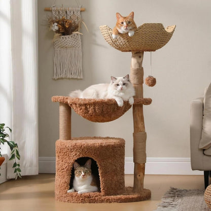 PAWZ Road 59" Modern Cat Tree, Natural Wood Cat Tower for Large Cats White | Wicker Basket Bed&2 Flower Perches for Multi-Cat, Cat Tree Tower with Large Condo&Hammock, Solid Wood Cat Tree House9