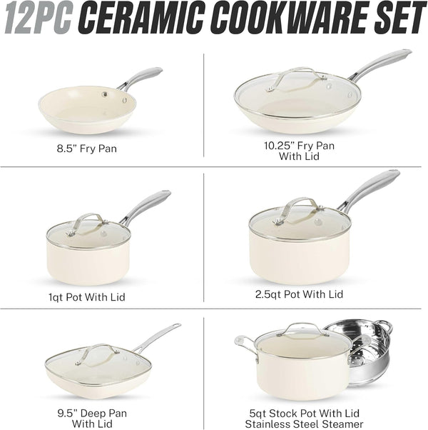 12 Pc Ceramic Cookware Set Nonstick, Ceramic Pots and Pans Set Non Stick with Steamer for Cooking, Non Toxic PFOA PFOS Free, Premium Stay Cool Handles, Oven & Dishwasher Safe2