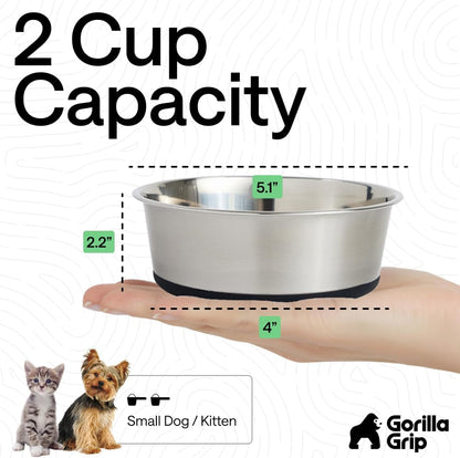 GORILLA GRIP Dog Bowls, Food Grade 304 Stainless Steel, Holds 2 US Cups Each (16 Fl Oz) Food and Water Bowl for Feeding Dogs and Cats, Dishwasher Safe, Rust Resistant BPA Free Rubber Base, 2 Set Black4