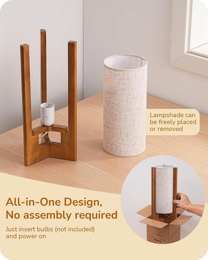 13.5" Small Table Lamp, Walnut Wood Cylinder Nightstand Lamp, E26 | Beige Linen Shade, On-Off Line Switch, Three-Sided Base, Corner Modern Bedside Lamp for Living Room, Bedroom4