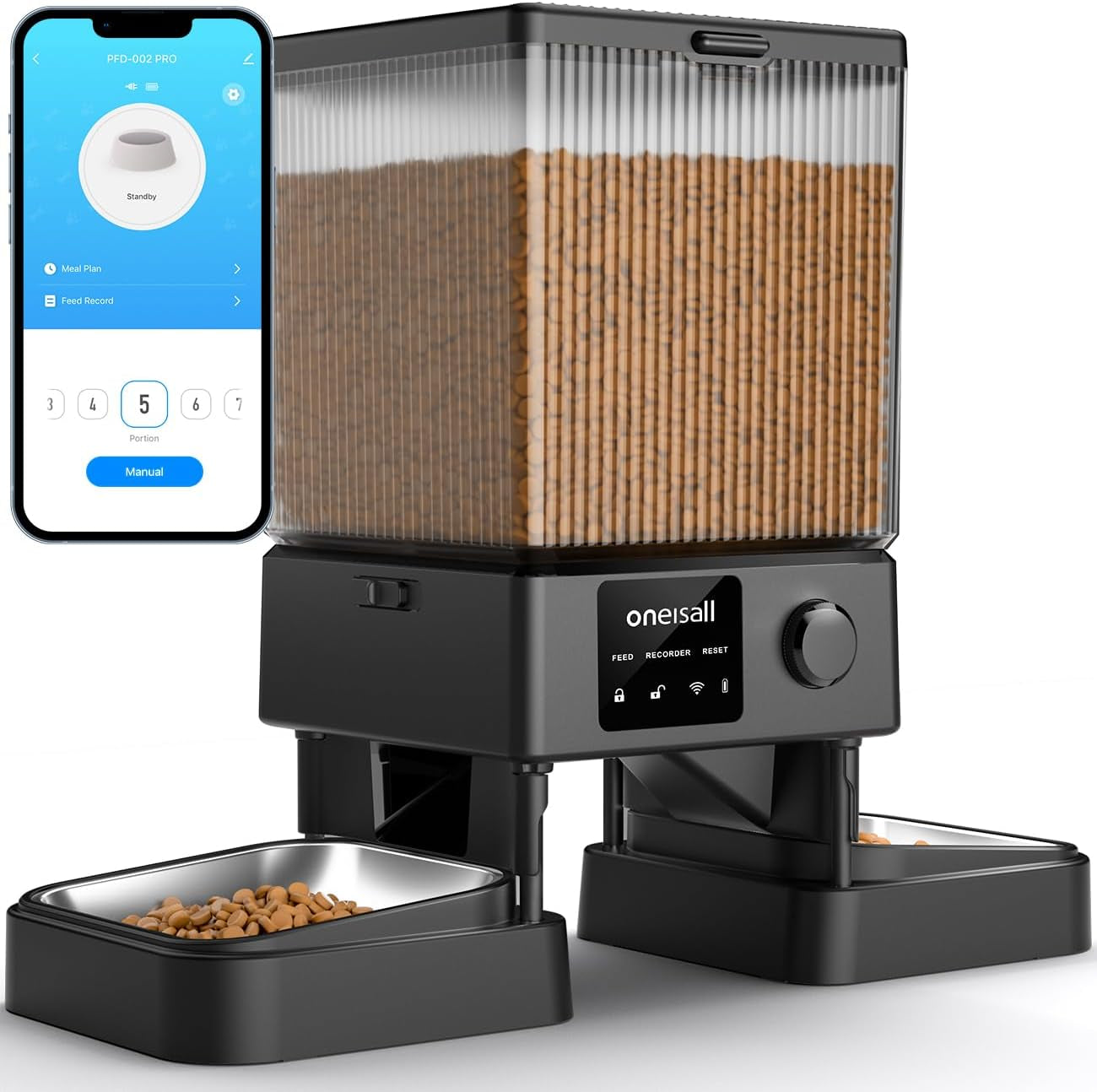 oneisall-automatic-cat-feeder-for-2-cats-pets-timed-cat-food-dispenser-20-cups-5l-prevent-fighting-precise-portion-balanced-dispense-non-slip-stable-voice-recorder-stainless-steel-bowls