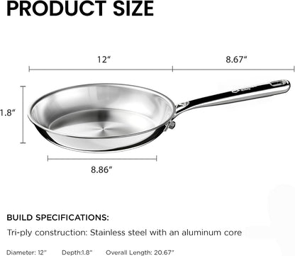 12 Inch Stainless Steel Frying Pan, Large Skillet,Induction Pan | Rivetless & Non-Toxic, Fast & Even Heating, Oven & Dishwasher Safe, Metal Utensil Safe, Perfect for Cooking for Family7