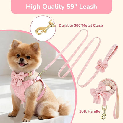 Small Dog Collar Harness and Leash Set, Dog Harness No Pull with Bowtie, Breathable Cotton Adjustable Pet Puppy Harness, Easy Walk Dog Harness, S(14–18.9")5