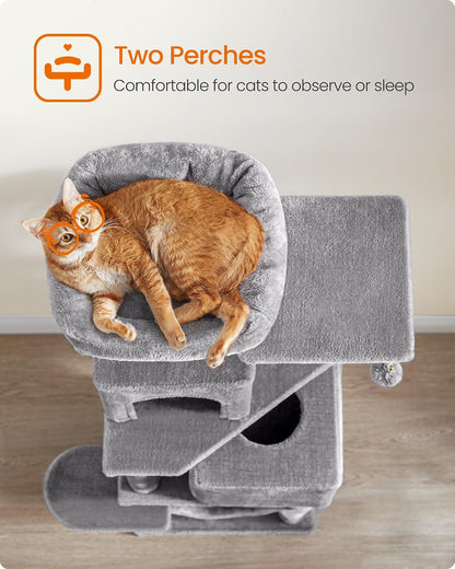 Feandrea Cat Tree, 59.5-Inch Tall Cat Tower, Plush Multi-Level Condo with 5 Scratching Posts, 2 Perches, 2 Caves, Hammock, 2 Pompoms, Light Gray UPCT192W014