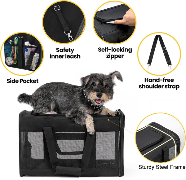 Conlun Cat Carrier Airline Approved, Soft-Sided Dog Carrier with Inner Safety Leash, Pet Transport Carrier for Small-Medium Cats Puppies up to 15 Lbs, Collapsible Travel Kitten Carrier Bag -Blackm | Airline Approved,With Inner Safety Leash,Collapsible Pet Transport Carrier for Small Dog/Medium Cats9