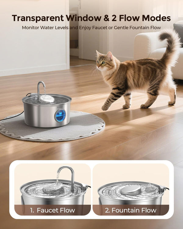 Invengo Cat Water Fountain Stainless Steel, 108Oz/3.2L Pet Fountain with Large Water Level Window, Ultra Quiet Automatic Cat Water Dispenser for Cats and Dogs, 2 Flow Modes, Splash-Proof Design5