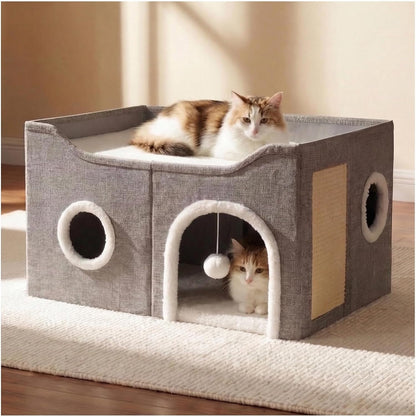 Eolahalcy Cat Beds for Indoor Cats - Large Cat Cave for Pet Cat House with Fluffy Ball Hanging and Scratch Pad, Foldable Cat Houses for Large Indoor Cats,Cat Hideaway, 23.8X15.9X13.2 Inches, Grey1