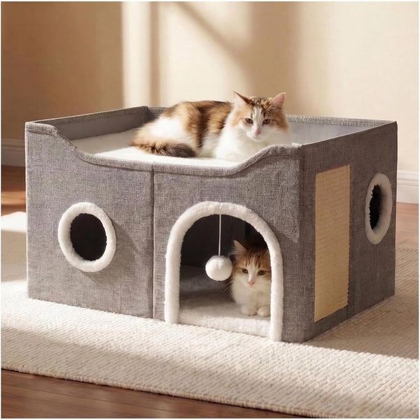 Eolahalcy Cat Beds for Indoor Cats - Large Cat Cave for Pet Cat House with Fluffy Ball Hanging and Scratch Pad, Foldable Cat Houses for Large Indoor Cats,Cat Hideaway, 23.8X15.9X13.2 Inches, Grey1