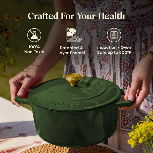 Enameled Cast Iron Dutch Oven/Biryani Pot with Lid, 5 QT Heavy Duty Casserole Pot – Non Toxic PFAS Free Cookware – Oven Safe Bread & Soup Pot – 4 Layer Enamel Caoted Cast Iron (Green, 10Inch)3