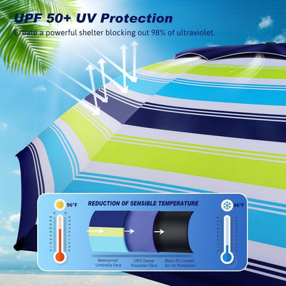 8FT Large Beach Umbrella with Wind Resistance Sand Anchor Sand Bag, Portable Outdoor Umbrella with UPF50+ UV Protection, Tilt Sun Shelter for Beach, Patio, Yard2