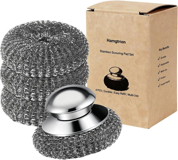 Steel Wool Scrubber, 4-Pack Stainless Steel Scrubber Pads with Handle - the Ultimate Scouring Solution for Rust, Stubborn Messes on Cookware, Grill, Oven & Kitchen Sinks1