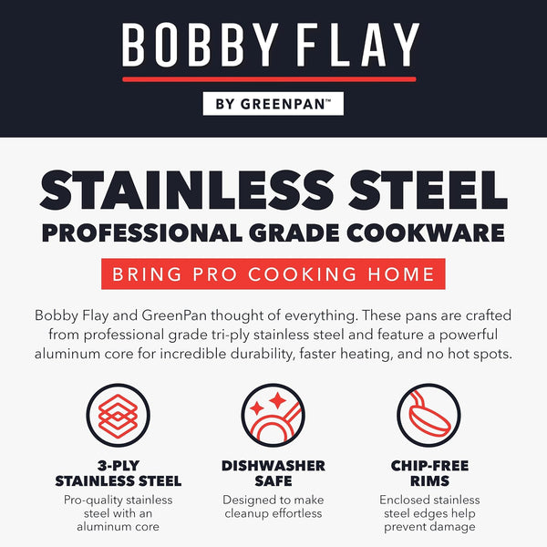 X Bobby Flay Stainless Steel 12 Piece Cookware Pots & Pans Set, Professional Grade Tri-Ply, Multiclad, Pfas-Free Ceramic Nonstick, Induction Suitable, Dishwasher & Oven Safe,Stay Cool Handles11