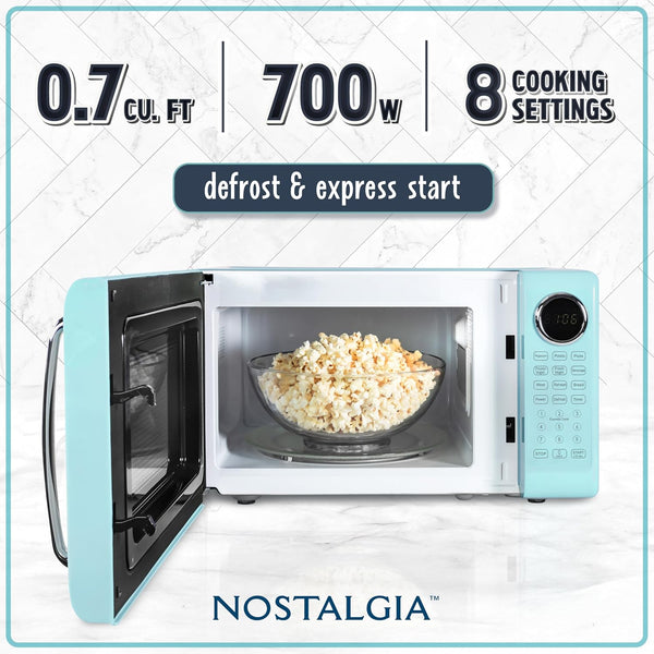 Retro Microwave Oven - 0.7 Cu Ft, 700-Watt Countertop Size with Glass Turntable, Child Safety Lock, 8 Auto-Cook Programs, Digital Clock - Aqua2