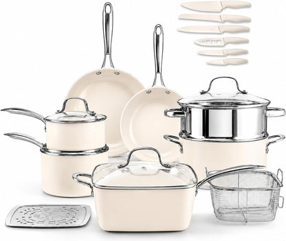 20 Pc Ceramic Cookware Set with Knives Set | Pots and Pans Set Non Stick with Deep Frying Pan Set, Non Toxic Pfas-Free, Cool Touch Handles, Oven & Dishwasher Safe1