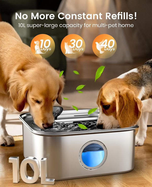 Oneisall 10L/2.6Gal Dog Water Fountain for Large Dogs (With 1 Filter) | Deeper & Wider Drinking Area, Visualization Window & Triple Filtration,304 Stainless Steel Dog Water Bowl Dispenser2