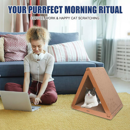 3 Pack Cardboard Cat Scratcher & Scratch Pad, Buildable Triangle Cat House W/ 6-Sided Use, Furniture Protection for Indoor Cats8