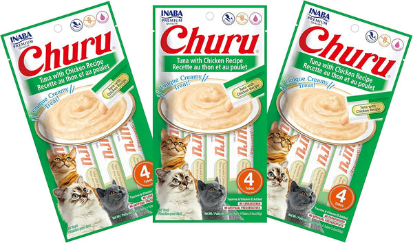 INABA Churu Cat Treats, Grain-Free, Lickable, Squeezable Creamy Purée Cat Treat/Topper with Vitamin E & Taurine, 0.5 Ounces Each Tube, 4 Tubes, Tuna with Salmon Recipe10