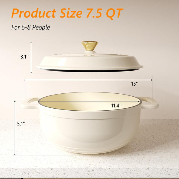 7.5QT round Dutch Oven, Enameled Cast Iron Dutch Oven Pot with Lid & Dual Handles, Oven Safe up to 500° F, for Sourdough, Bread Baking, Stews and Roasting, White7