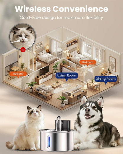 Cat Water Fountain Wireless Stainless Steel with Sensor 3.5L/118Oz Battery Operated Rechargeable Automatic Water Dispenser Quiet Pump for Drinking Indoor, Easy Clean for Cats Dogs Pets7