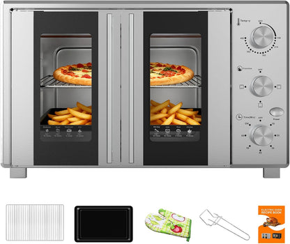 8-In-1 French Door Countertop Toaster Oven, Compact Countertop Oven with Infrared Speedheat for Bake, Broil, Toast, Fits 12" Pizza, 38L Capacity, 158°-482°F Temp Controls, 60-Min Timer-Silver1