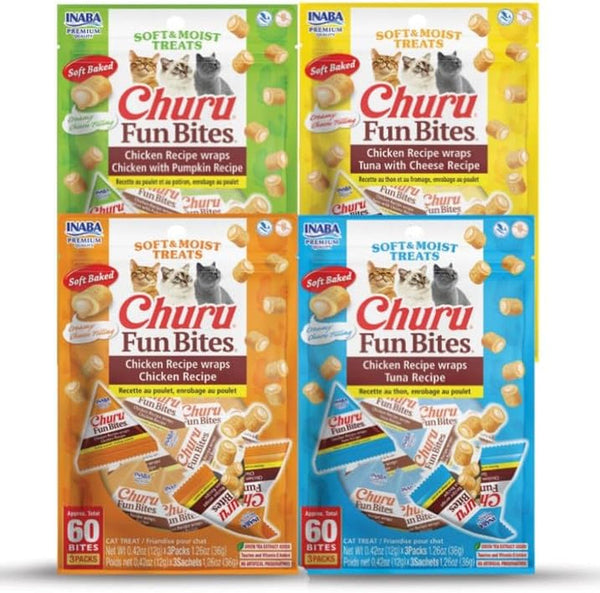 INABA Churu Fun Bites for Cats, Soft & Chewy Baked Chicken Wrapped Filled Cat Treats with Taurine, 0.42 Ounces Each Tetra, 12 Tetras, 4 Flavor Variety Pack1
