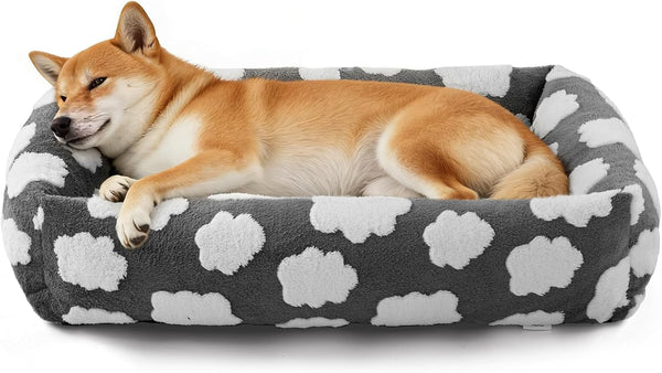 JOEJOY Dog Bed Medium Size Dog, Removable Washable Cover Orthopedic Soft Pet Bed, Anti-Slip Fluffy Plush Faux Rabbit Fur Puppy Bed, 30"X24"X8", Leopard Print, Grey21