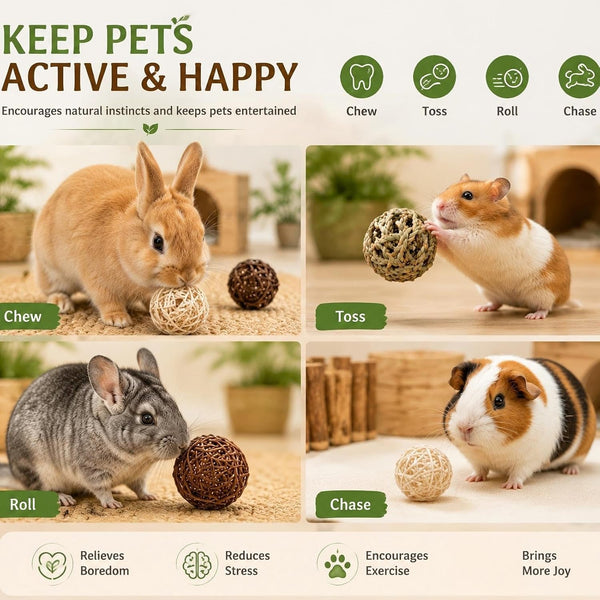 Skylety 15 Pieces Bunny Chew Balls for Rabbits, Small Animal Rolling Grass Toys and Treats for Guinea Pigs, Chinchillas, Hamsters, Mice, Teeth Grinding, Gnawing and Play(Classic Style,1.97")4