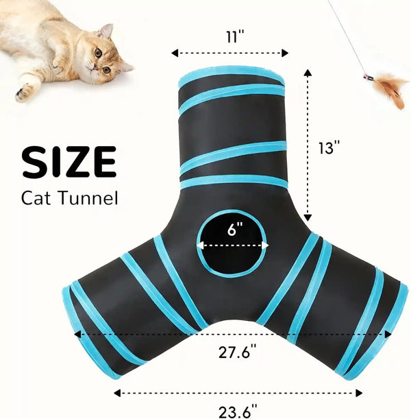 Tempcore Pet Cat Tunnel Tube Toys 3 Way Collapsible, Tunnels for Indoor Cats, Interactive Tube with Teaser Wand, Peek Holes & Hanging Ball, Black & Blue2