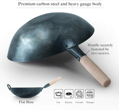 Pre Seasoned Blue Carbon Steel Flat Bottom Wok -14 Inch Chinese Pow Wok - Traditionally Hand Hammered Woks and Stir Fry Pans5