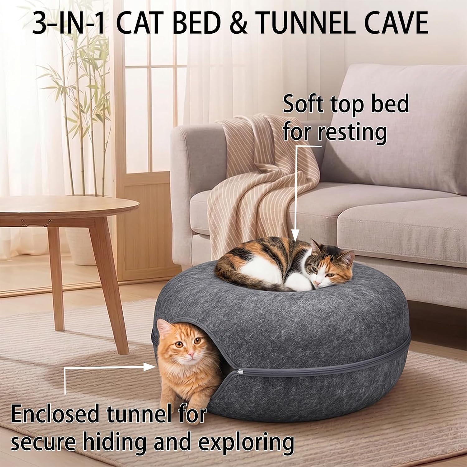 cat-tunnel-bed-for-heavy-big-cats-up-to-45-lbs-24-donut-cat-bed-for-multi-cat-home-premium-detachable-zipper-felt-anti-scratch-cat-cave-bed-roomy-non-collapsing-cat-hideaway-peekaboo-toy