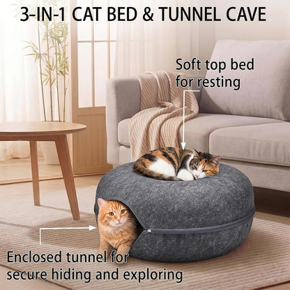 Cat Tunnel Bed for Heavy Big Cats up to 45 Lbs - 24" Donut Cat Bed for Multi-Cat Home - Premium Detachable Zipper Felt Anti-Scratch Cat Cave Bed - Roomy Non-Collapsing Cat Hideaway & Peekaboo Toy5