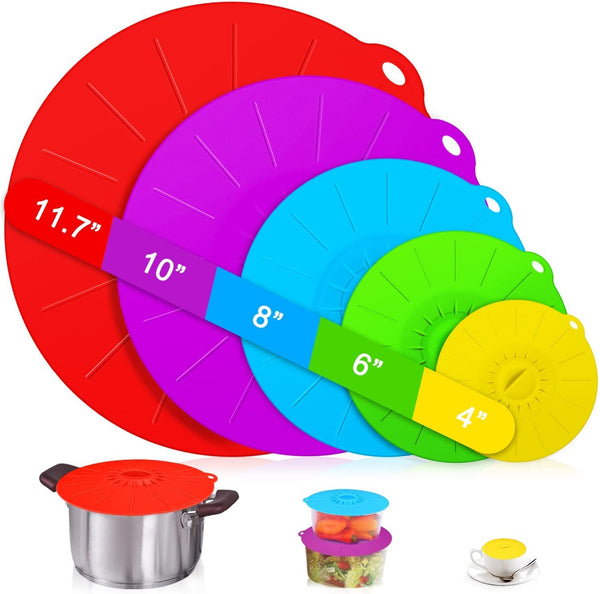 Silicone Lids - 5 Pack Heat Resistant Microwave Splatter Cover, Reusable Silicone Suction Lids for Food Storage Fits Bowls, Cups, Skillets, Plates, Pots, Pans Stovetop, Oven, Fridge Safe1