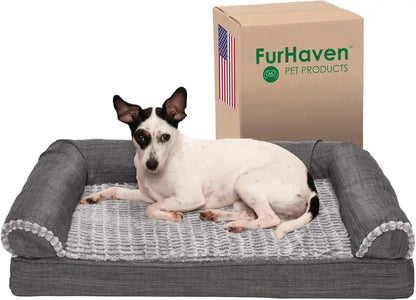Furhaven Memory Foam Dog Bed for Medium/Small Dogs W/ Removable Bolsters & Washable Cover, for Dogs up to 35 Lbs - Luxe Faux Fur & Performance Linen Sofa - Woodsmoke, Medium23