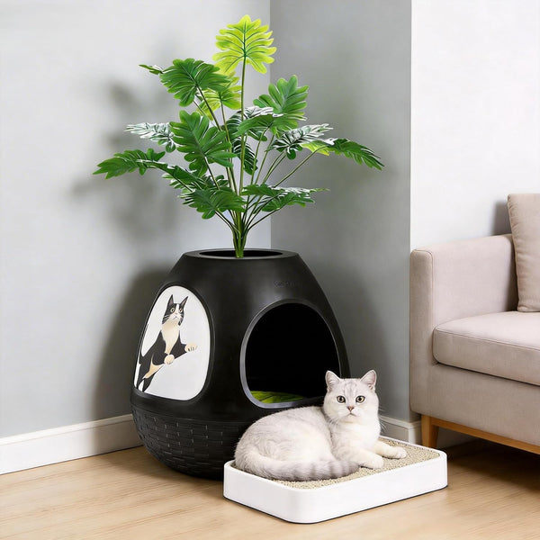 Eggloa6 Hidden Cat Litter Box with Artificial Plants ＆ Odor Removal System, Egg-Shaped Enclosure Includes Scoop ＆3PCS Liners Secret, Discreet Furniture, DIY Assembly Cat Litter Box Cabinet (Brown)17