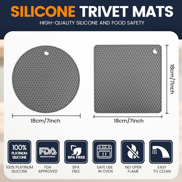 Silicone Trivet Mats 4 Heat Resistant Pot Holders Multipurpose Non-Slip Hot Pads for Kitchen Potholders, Drying Mat, Jar Opener, Spoon Holder, Coaster(Dark Grey)2