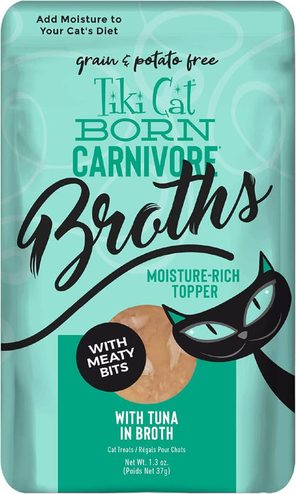 Tiki Cat Born Carnivore Broths, Tuna Recipe, Hydration and Flavor Supplement Cat Food Topper, 1.3 Oz. Pouch (Pack of 12)1