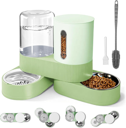 2 in 1 Automatic Gravity Cat Dog Feeder and Water Dispenser with 304 Stainless Steel Bowls, 360 Degree Rotatable Auto Food with 2 Specialized Brushes for Small Medium Pet Dog Puppy Kitten (Gray)11