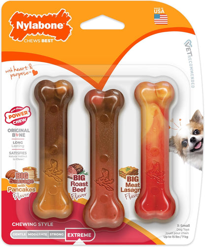Nylabone Power Chew Original Bone Dog Chew Toys, X-Small, 3 Count | Pancakes & Sausage, Roast Beef, & Meat Lasagna Flavor, Durable, Long Lasting, Flavor Throughout, for Dogs up to 15 Lbs1