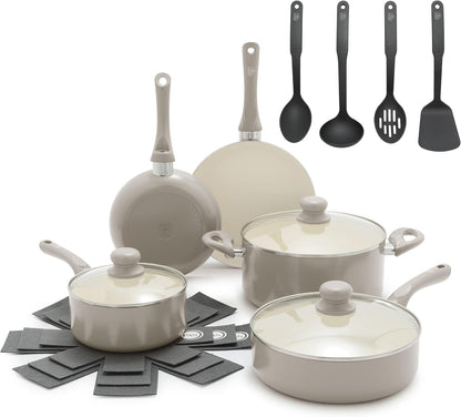 16Pc Ceramic Nonstick Pots & Pans Cookware Set, Beige Taupe | Pfas-Free Nonstick Coating, Stockpot, Frying Pans, Saucepan, Sauté, Induction Ready, All Stovetop Compatible, Dishwasher Safe1