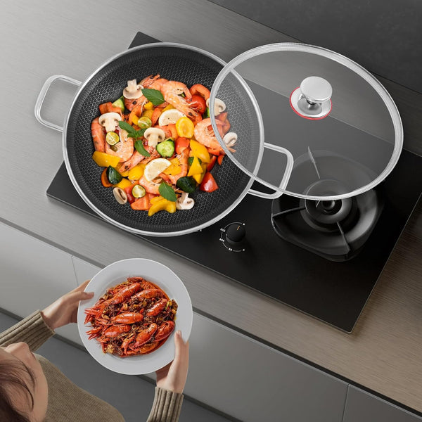 Wok Pan,Hybrid Wok with Lid,Non Stick Stainless Steel Woks & Stir-Fry Pans Nonstick Frying Pan Dishwasher and Oven Safe, Works on Induction (13 Inch)6