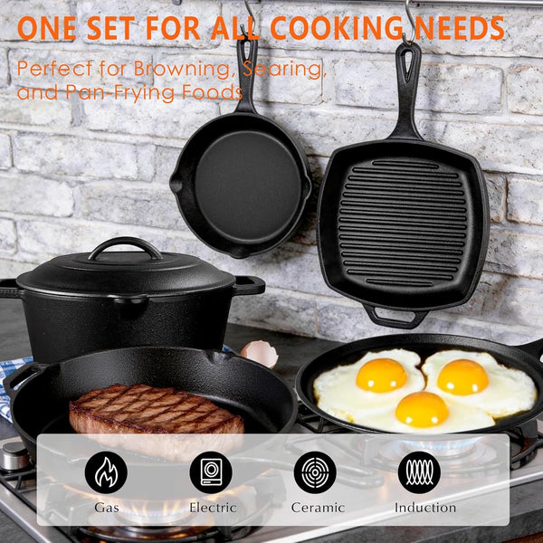 6 Piece Pre-Seasoned Cast Iron Cookware Set – Incl. 5QT Dutch Oven with Lid, 8'' and 10.25'' Cast Iron Skillets, 10.5'' round Griddle, and a Square Grill Pan for Kitchen, Stovetop, & Camping3