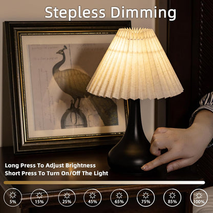 Pleated Cordless Table Lamp, 1800Mah Powered Rechargeable Lamp | Battery Operated Dimmable Lamp Wireless, Replaceable LED Bulb, Linen Shade, for Kitchen Bedside Tabletop, Metal Base White3