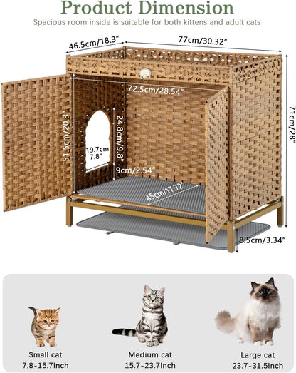 SETVSON Cat Litter Box Enclosure Furniture, Rattan PE Kitty House, Natural | Handwoven PE Rattan with 2 Soft Mats, Heightened Metal Feet, 2 S-Hooks, 30.3 X 18.3 X 28 in Spacious Interior Kitty Cabinet4