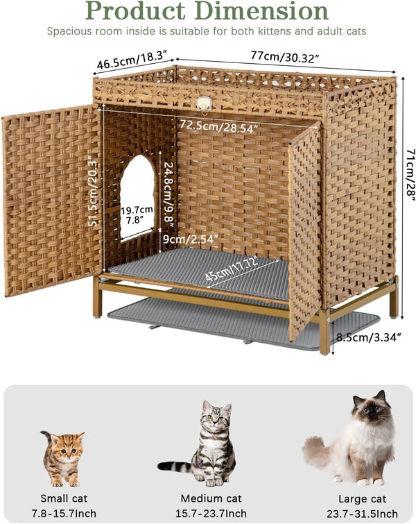 SETVSON Cat Litter Box Enclosure Furniture, Rattan PE Kitty House, Natural | Handwoven PE Rattan with 2 Soft Mats, Heightened Metal Feet, 2 S-Hooks, 30.3 X 18.3 X 28 in Spacious Interior Kitty Cabinet4