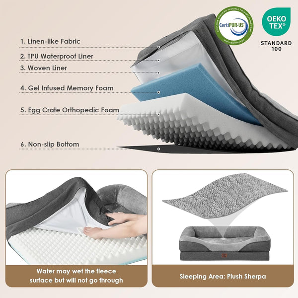 EHEYCIGA Orthopedic XL Dog Bed for Large Sized Dog, 42X30 Inch Extra Large Memory Foam Dog Couch Bed with Sides, Waterproof Liner & Washable Removable Cover, Bolster Pet Sofa, Grey3
