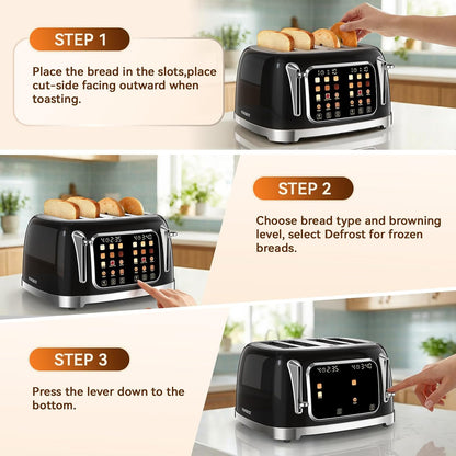Retro Toaster 4 Slice with Stainless Steel Wide Slot Touch Screen for Family Breakfast, 6 Browning Levels for Bagel & Bread, Reheat & Defrost, Removable Crumb Tray, Jet Black7