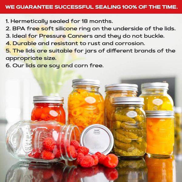 - Wide Mouth Canning Lids, 100-Pack – Create Airtight Seals on Mason Jars to Preserve Food for Meal Prep & Emergency Food Storage – 3.4 In. Metal Lids with Silicone Seals – Canning Supplies4