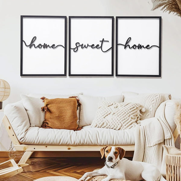 3D Wood Home Sweet Home Wall Art, Modern Home Sweet Home Sign for Large Living Room Wall Decor(Ready to Hang, Set of 3, 12X16 Inch, Framed)4