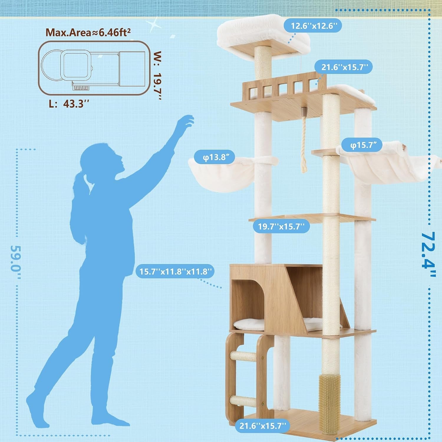 hey-brother-wooden-cat-tree-furniture-tower-with-large-platforms-mpj121bt-69-7-inch-modern-full-sisal-scratching-posts-hammocks-spacious-condo-ladder-brush-water-proof-surface-white-oak