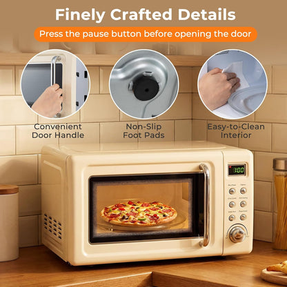 0.7Cu.Ft Retro Small Microwave Oven, 700W Compact Countertop Microwave with 5 Power Levels, Auto Cooking Menus, Glass Turntable, Child Lock & Glass Turntable for Apartment, Dorm (Cream White)7